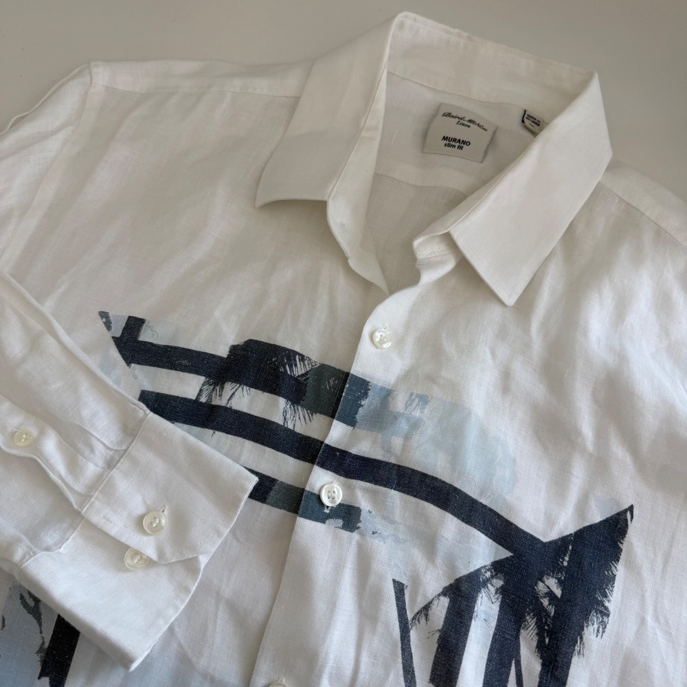 Baird McNutt Linen Murano Slim Fit White Printed Long Sleeve Button Down Mens XL